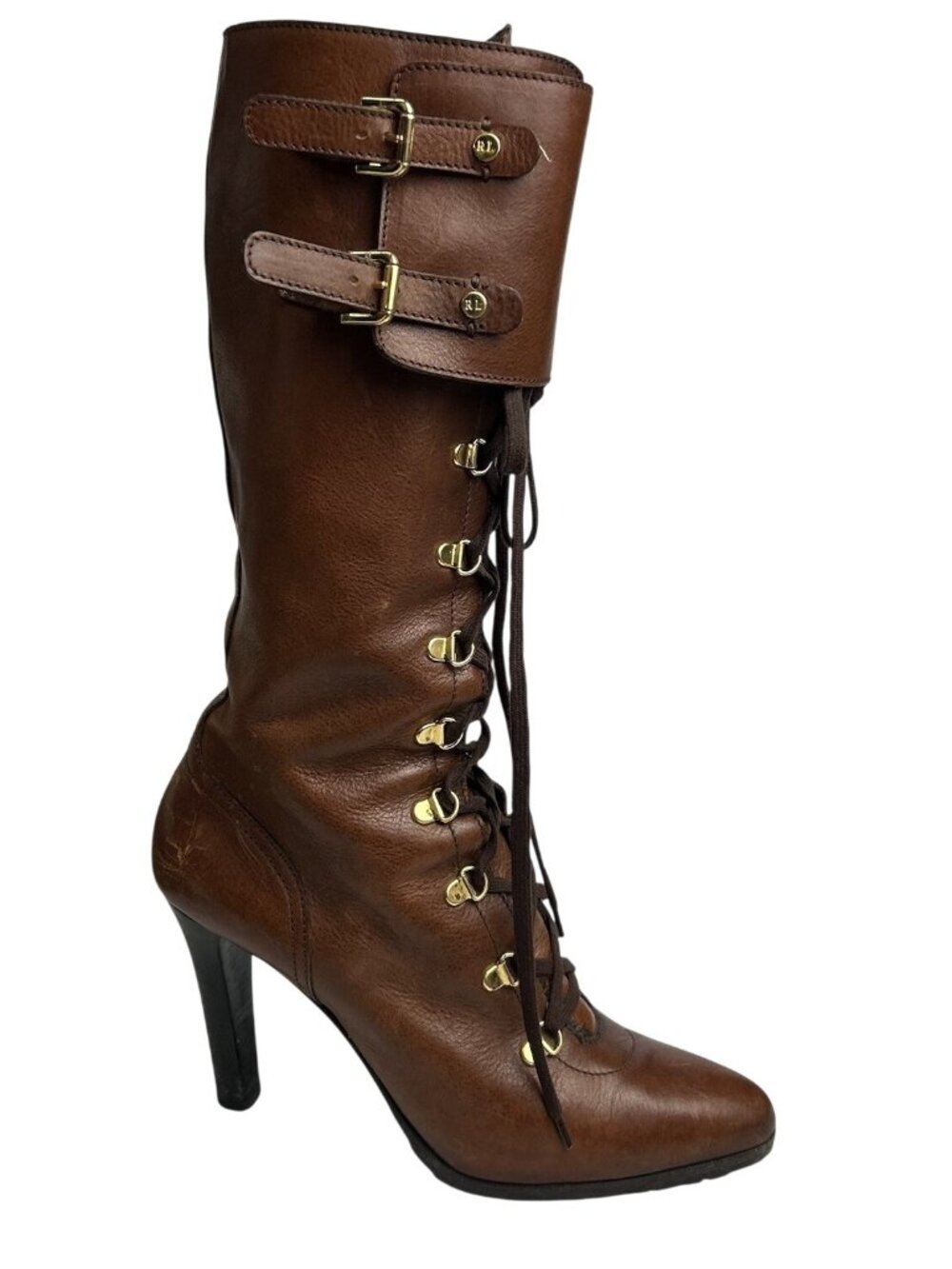Ralph Lauren Collection 8B Brown Leather Lace Up Knee High Boots Buckle Heels - Picture 7 of 16